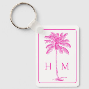 Pink and White Palm Palmetto Tree Monogram Key Ring