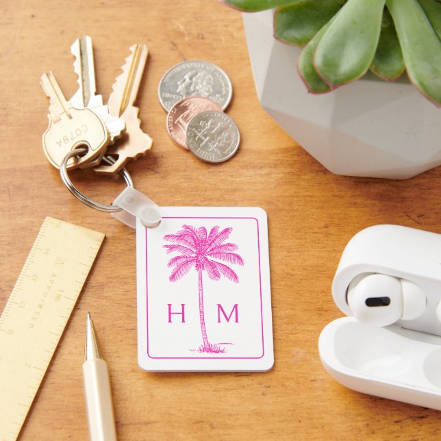 Pink and White Palm Palmetto Tree Monogram Key Ring (Desk)