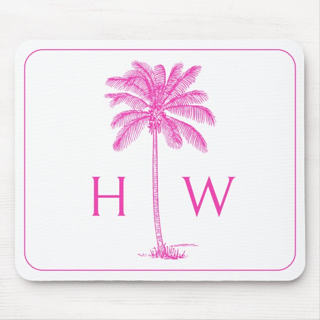 Pink and White Palm Palmetto Tree Monogram Mouse Mat (Front)
