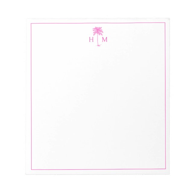 Pink and White Palm Palmetto Tree Monogram Notepad (Front)