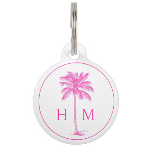 Pink and White Palm Palmetto Tree Monogram Pet Tag