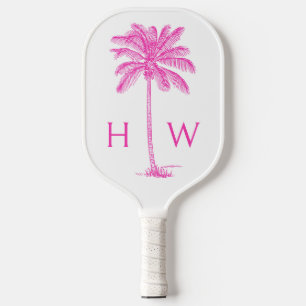 Pink and White Palm Palmetto Tree Monogram Pickleball Paddle
