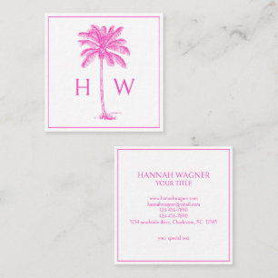 Pink and White Palm Palmetto Tree Monogram Square Business Card