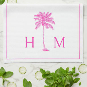 PInk and White Palm Palmetto Tree Monogram Tea Towel