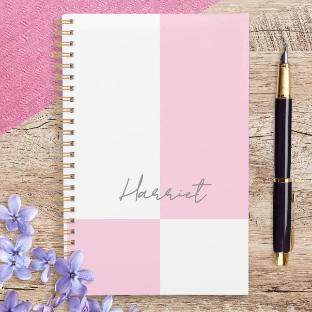 Pink and White Pastel Colour Block Personalised Planner (A pink and white spiral bound color block notebook, with custom name in elegant script typography)