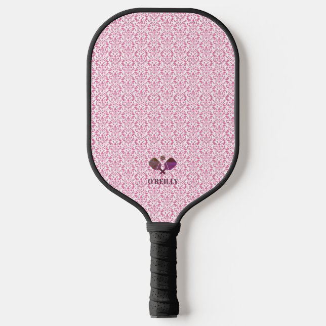 Pink and White Pattern Modern Monogram Pickleball Paddle (Front)