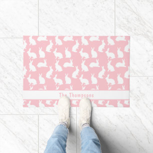 Pink And White Pattern Of Bunnies With A Name Doormat