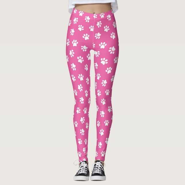 Pink and White Paw Print Leggins Leggings (Front)