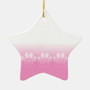 Pink And White Paws With Newsprint Background Ceramic Tree Decoration