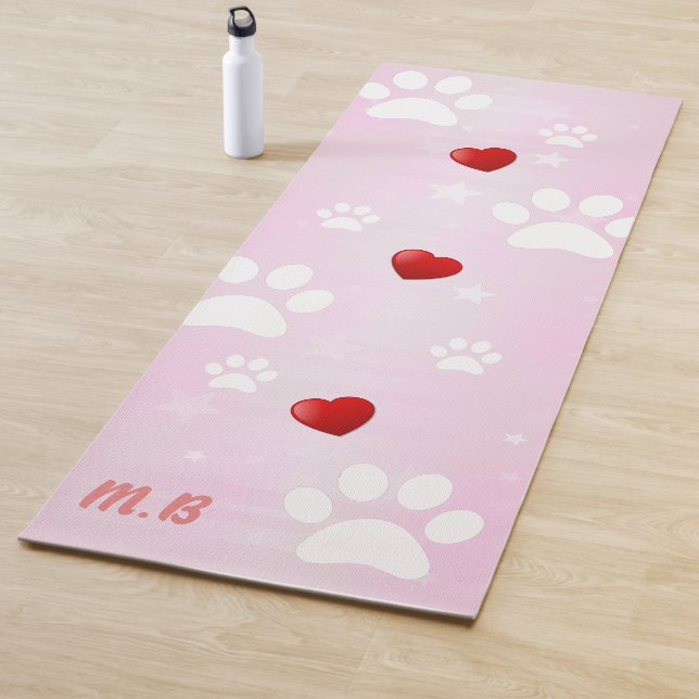 Pink and White Paws with Red Hearts Yoga Mat (In Situ)
