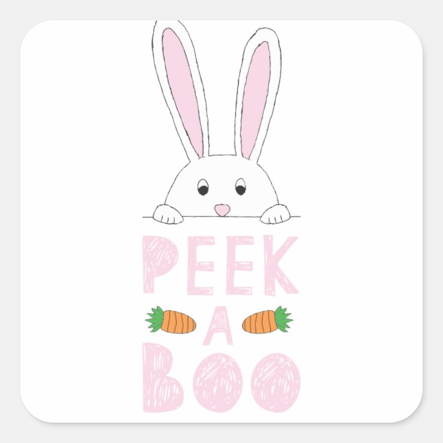 Pink and White Peeking Easter Bunny Peek-A-Boo Square Sticker (Front)