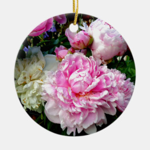 Pink and White Peonies Ceramic Tree Decoration