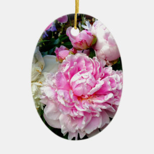 Pink and White Peonies Ceramic Tree Decoration