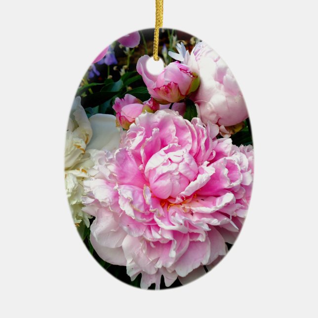Pink and White Peonies Ceramic Tree Decoration (Front)