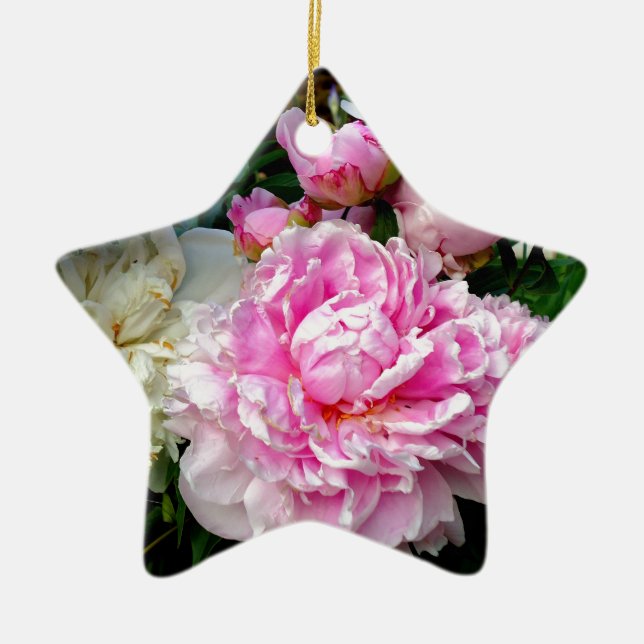 Pink and White Peonies Ceramic Tree Decoration (Front)