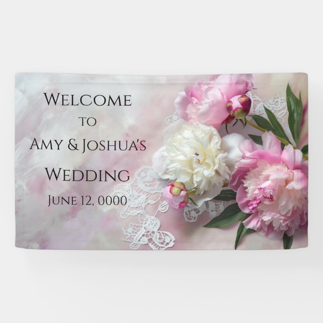 Pink and white peonies on lace banner (Horizontal)