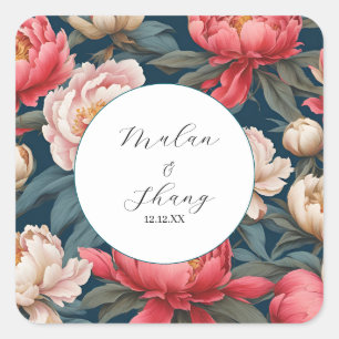 Pink and White Peonies Oriental Wedding Square Sticker