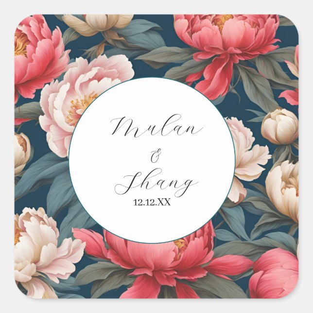 Pink and White Peonies Oriental Wedding Square Sticker (Front)