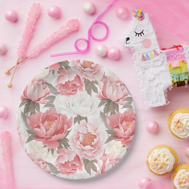 Pink and White peonies Paper Plate (Party)