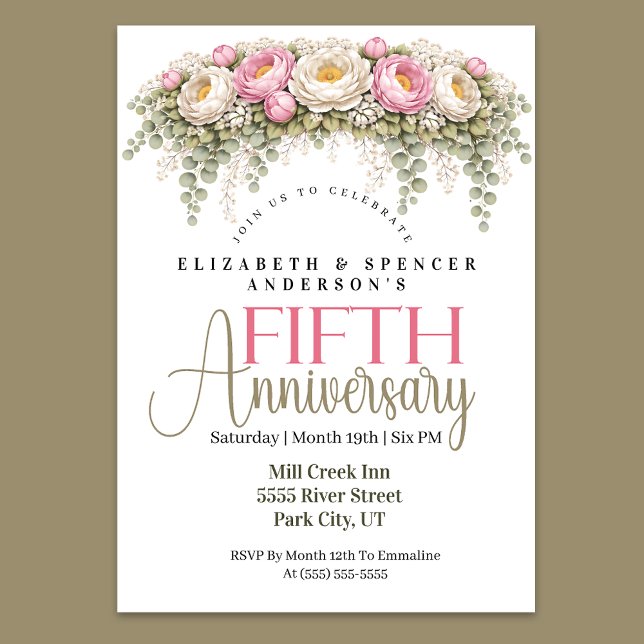 Pink and White Peony 5th Wedding Anniversary Invitation (Pink and ivory peony floral 5th wedding anniversary party invitation)