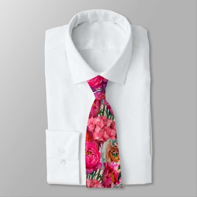 Pink and White Peony and Hydrangea Flowers Tie (Tied)
