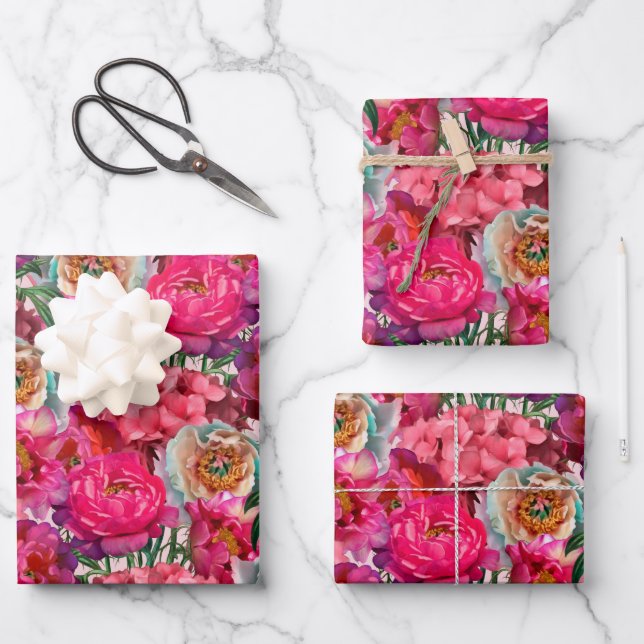 Pink and White Peony and Hydrangea Flowers Wrapping Paper Sheet (Front)