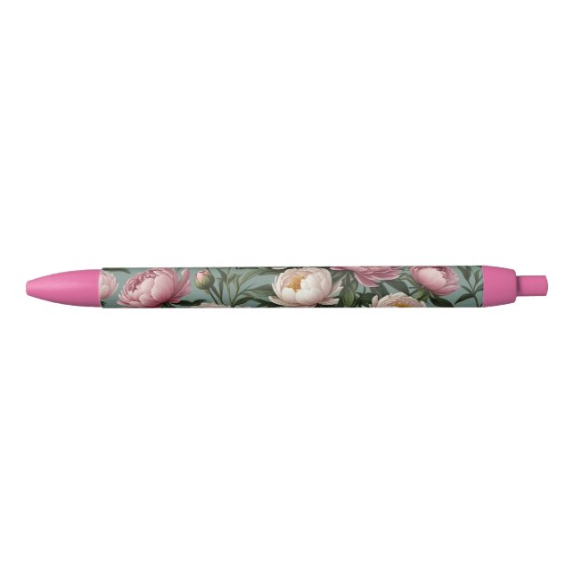 Pink and white Peony flowers Black Ink Pen (Front)