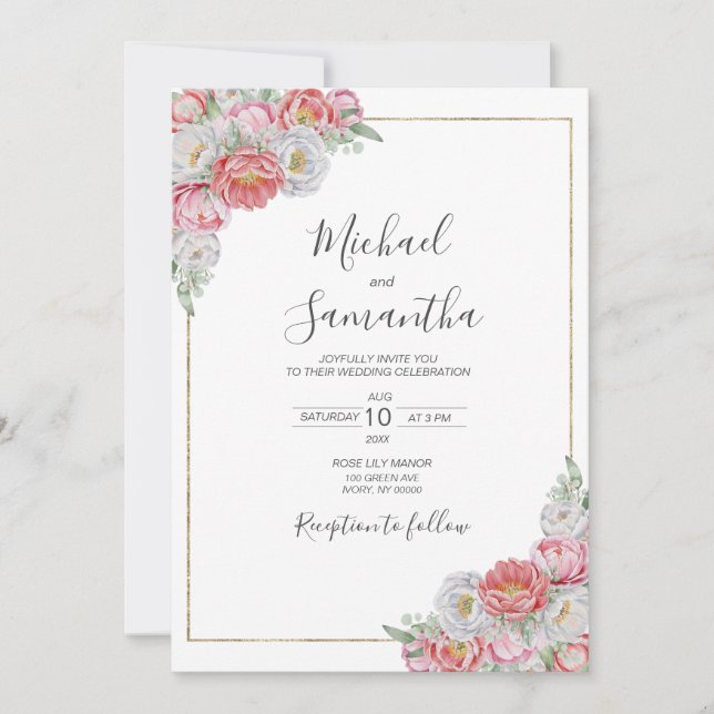 Pink and White Peony Wedding Invitation (Front)