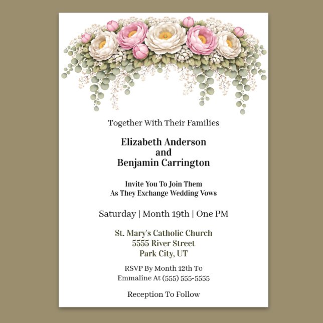 Pink and White Peony Wedding Invitation (Elegant pink and ivory peony floral wedding invitation)