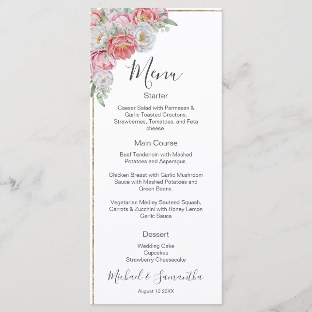 Pink and White Peony Wedding Menu (Front)