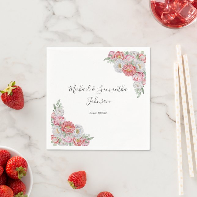 Pink and White Peony Wedding Napkin (Insitu)