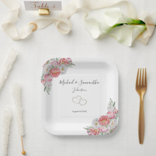 Pink and White Peony Wedding Paper Plate