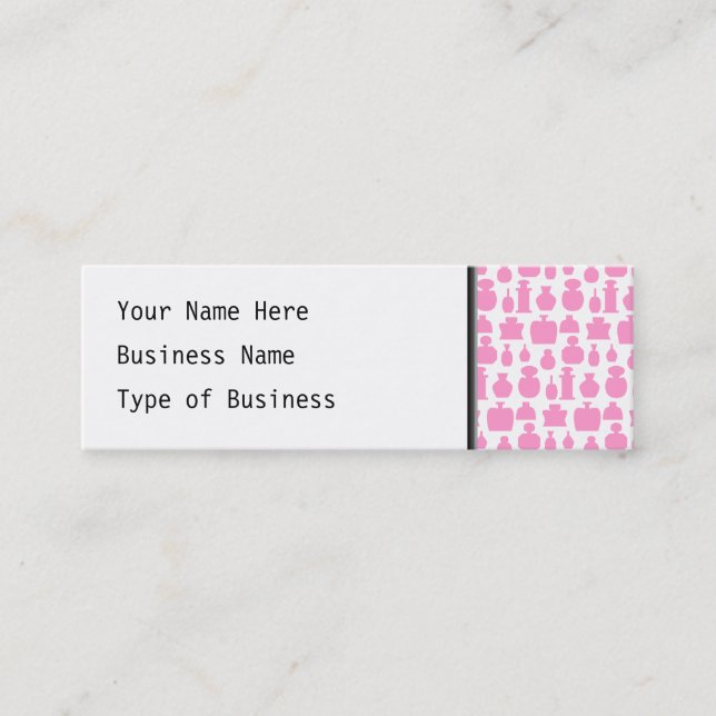 Pink and White Perfume Bottle Pattern. Mini Business Card (Front)