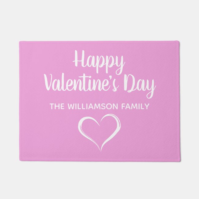 Pink and White Personalised Happy Valentines Day Doormat (Front)
