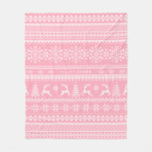Pink And White Personalised Name Christmas Sweater Fleece Blanket