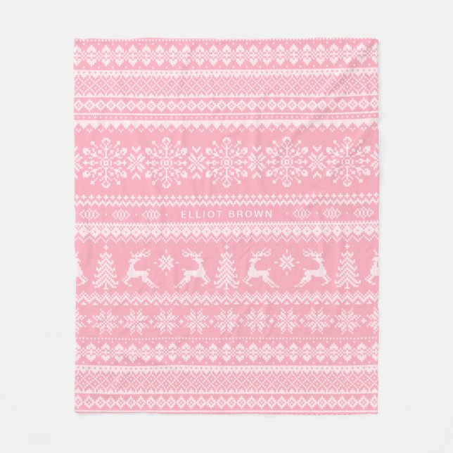 Pink And White Personalised Name Christmas Sweater Fleece Blanket (Front)