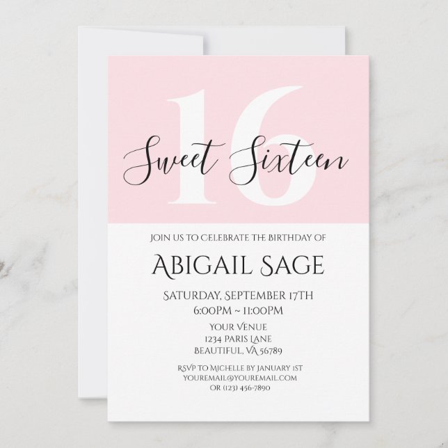Pink and White Personalised Photo Sweet Sixteen Invitation (Front)
