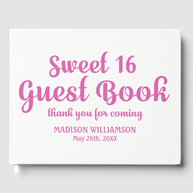 Pink and White Personalised Sweet 16 Party Guest Book (Front)