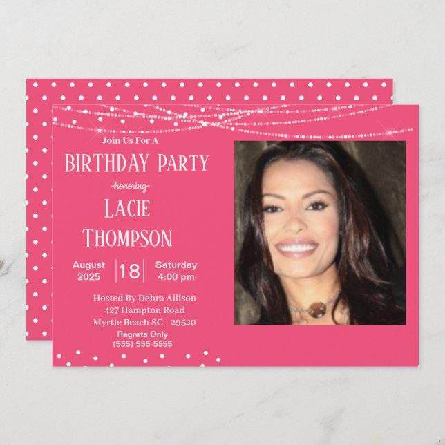 Pink and White Photo Birthday  Invitation (Front/Back)