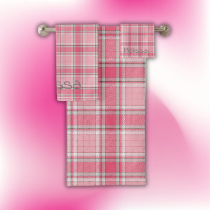 Pink and White Plaid Name Monogram Bath Towel Set