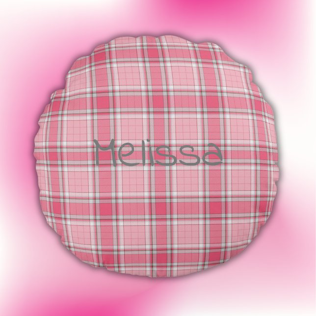 Pink and White Plaid Name Monogram | Round Cushion (Creator Uploaded)
