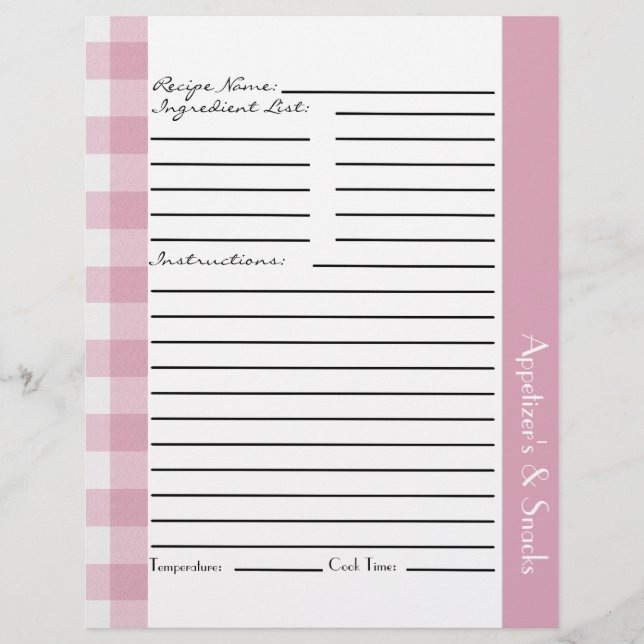 Pink and White Plaid Recipe Sheets (Front)