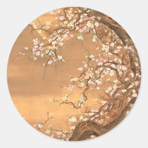 Pink and White Plum Blossoms in Moonlight, Shizan Classic Round Sticker