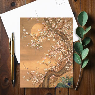 Pink and White Plum Blossoms in Moonlight, Shizan Postcard