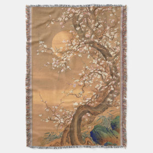 Pink and White Plum Blossoms in Moonlight, Shizan Throw Blanket