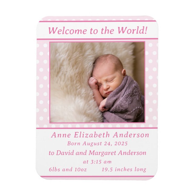 Pink and White Polka-Dot Birth Announcement Magnet (Vertical)