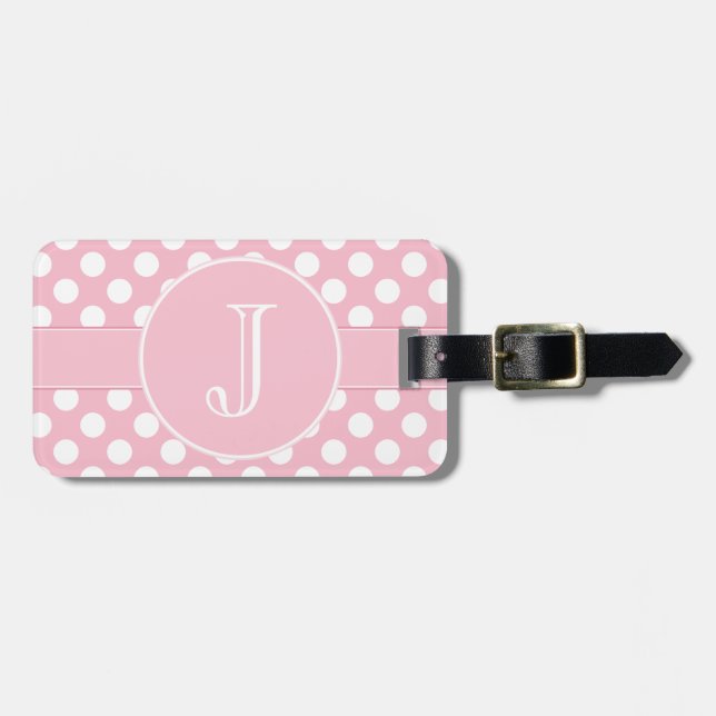 Pink and White Polka-Dot Monogrammed Luggage Tag (Front Horizontal)