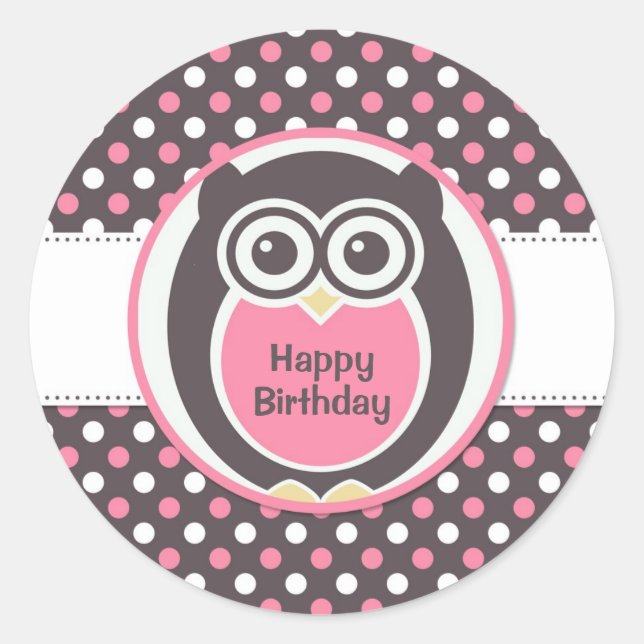 Pink and White Polka Dot Owl Birthday Sticker (Front)