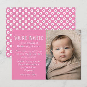 Pink and White Polka-dot Photo Baby Blessing Invitation