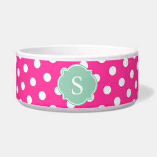 Pink and White Polka Dots Monogram Large Dog Bowl